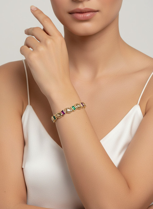 Accessories Kadın Gold Renk Renkli Baget Taşlı Damla Detaylı Bileklik