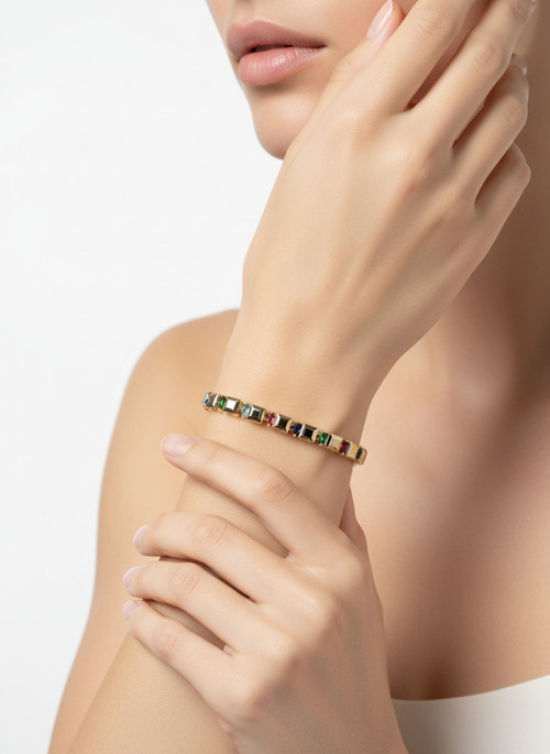 Accessories Kadın Gold Renk Renkli Taşlı Sıra Taş Detaylı Bileklik