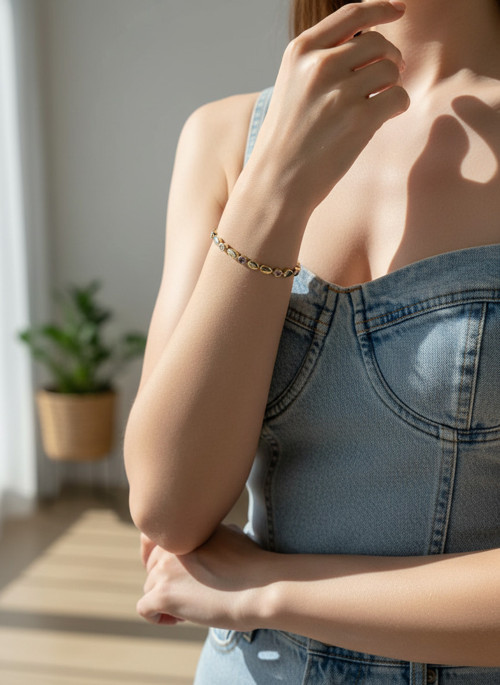 Accessories Kadın Gold Renk Pembe Taşlı Oval Detaylı Bileklik