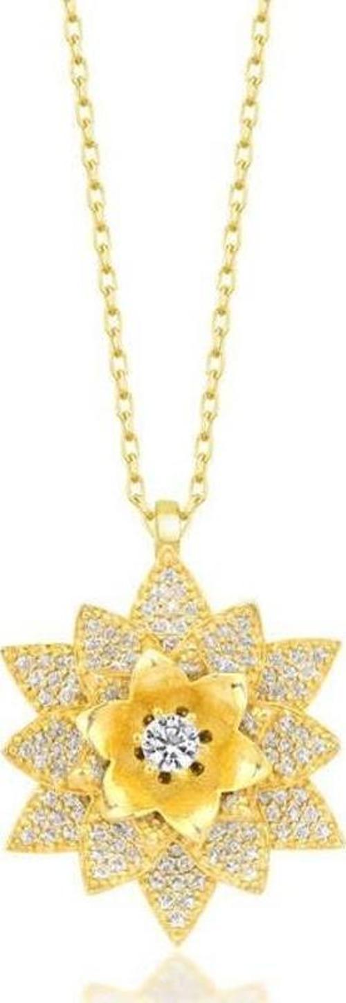 925 Ayar Gümüş Gold Beyaz Taşlı Lotus Çiçeği Kadın Kolye