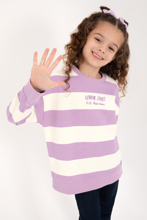 Kız Çocuk Lila Çizgili Bisiklet Yaka Sweatshirt 50317898-VR034