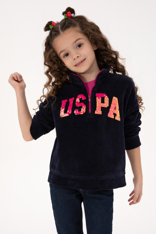 Kız Çocuk Lacivert Yarım Fermuarlı Pul Payetli Sweatshirt 50318062-VR033