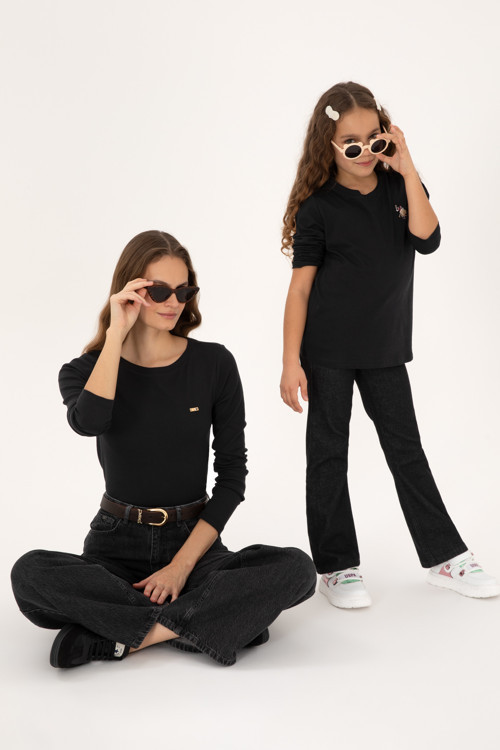 Kız Çocuk Siyah Bisiklet Yaka Basic Sweatshirt 50317915-VR046