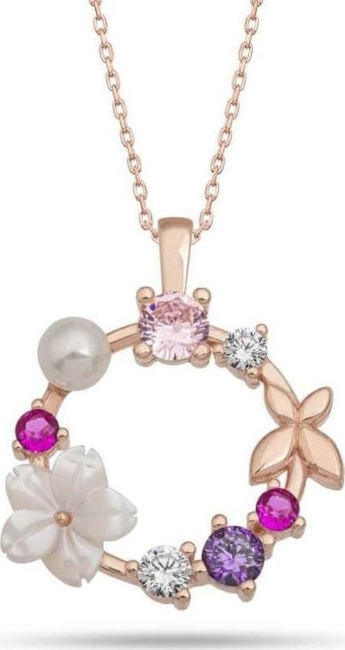 925 Ayar Gümüş Rose Manolya Çiçeği Kelebek Kadın Kolye