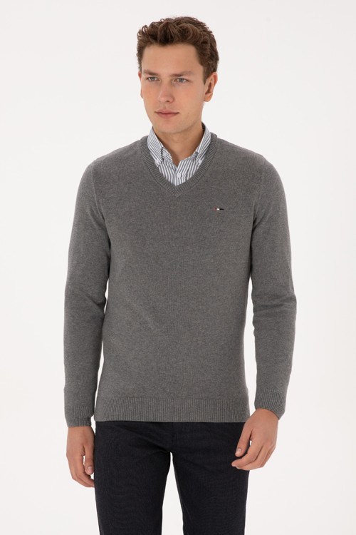 Erkek Slim Fit V Yaka Gri Melanj Basic Kazak 50313668-VR086