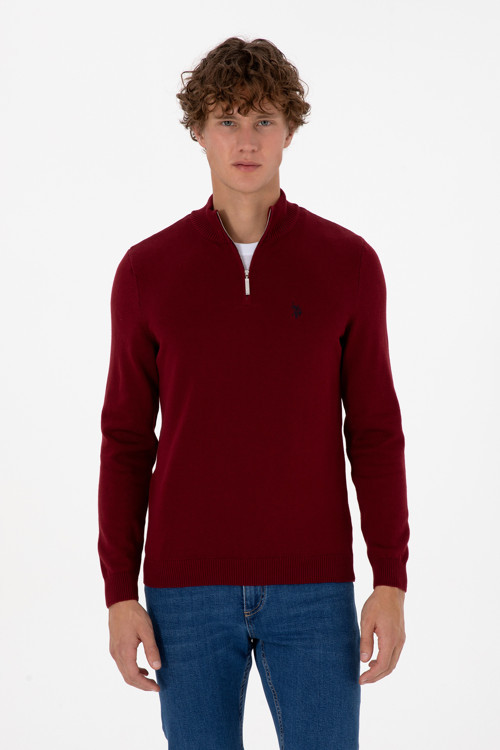 Erkek Slim Fit Yarım Fermuarlı Bordo Basic Kazak 50313695-VR014