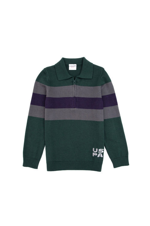 Erkek Çocuk Yeşil Polo Yaka Yarım Fermuarlı Kazak 50315615-VR054