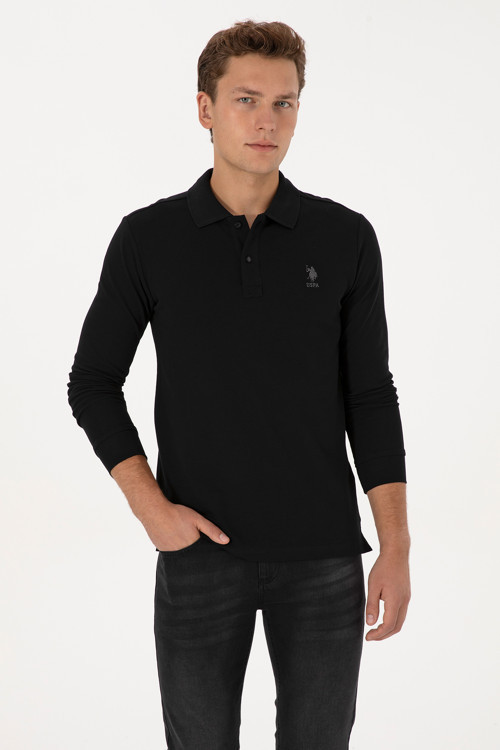 Erkek Slim Fit Polo Yaka Siyah Basic Sweatshirt 50307687-VR046