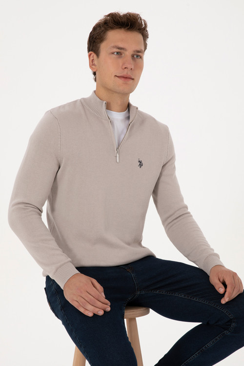 Erkek Slim Fit Yarım Fermuarlı Taş Basic Kazak 50313695-VR049