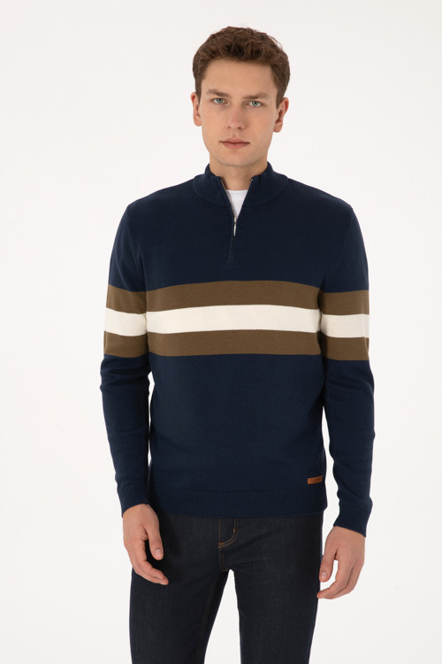 Erkek Regular Fit Yarım Fermuarlı Lacivert Kazak 50315034-VR033