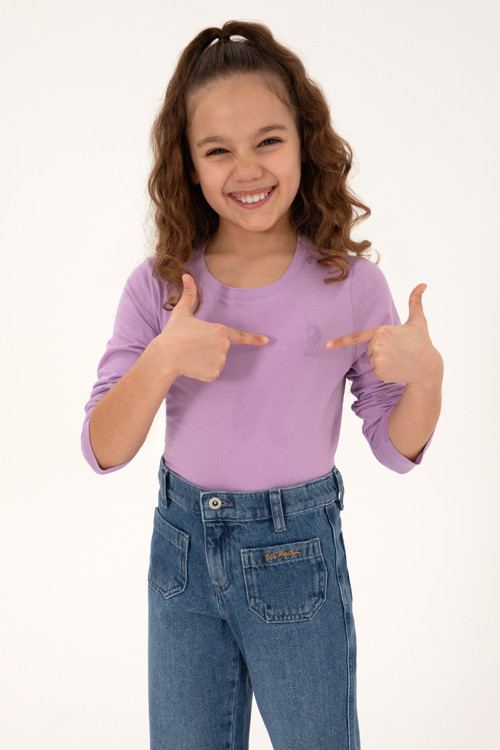 Kız Çocuk Lila Bisiklet Yaka Basic Sweatshirt 50317923-VR034