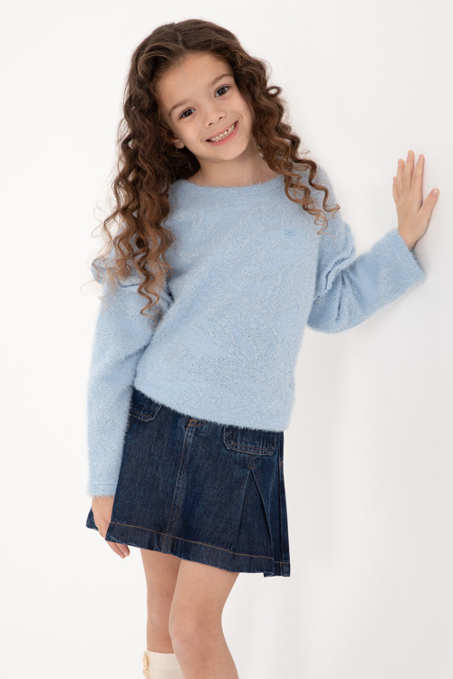 Kız Çocuk Mavi Kolları Fırfır Detaylı Bisiklet Yaka Sweatshirt 50317904-VR036