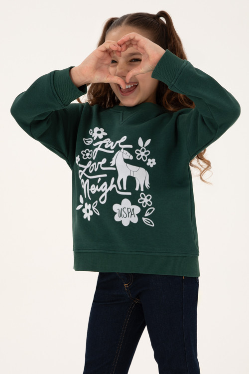 Kız Çocuk Koyu Yeşil Bisiklet Yaka Sweatshirt 50317922-VR079