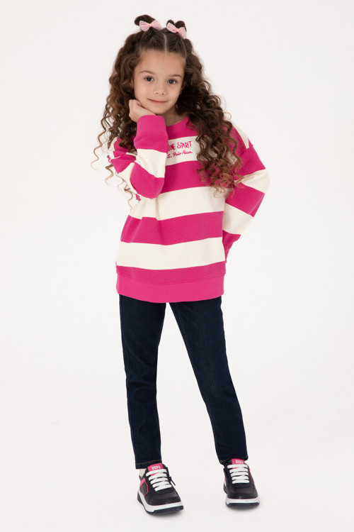 Kız Çocuk Pembe Çizgili Bisiklet Yaka Sweatshirt 50317898-VR041