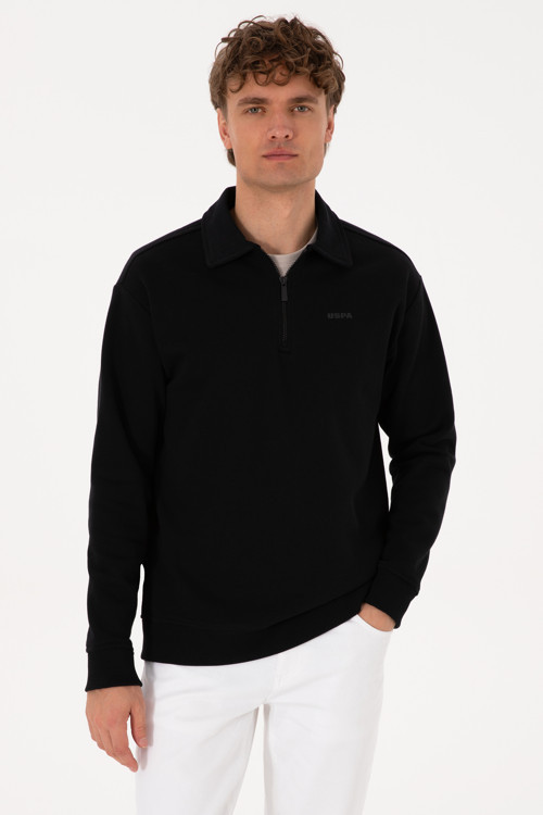 Erkek Regular Fit Yarım Fermuarlı Şardonlu Polo Yaka Siyah Basic Sweatshirt 50313783-VR046