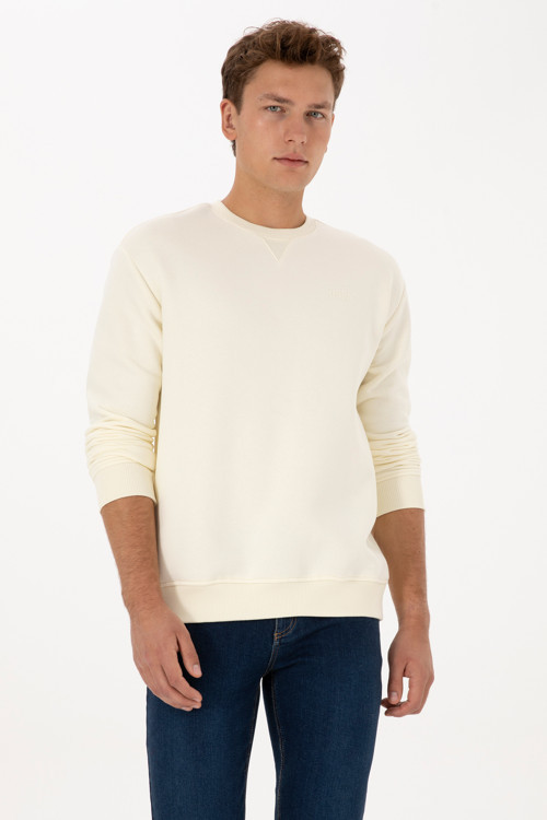 Erkek Comfort Fit Bisiklet Yaka Şardonlu Krem Basic Sweatshirt 50313757-VR256