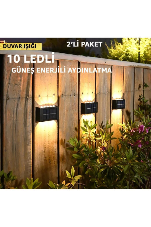 2 Adet Güneş Enerjili 10 LED'li Çift Yönlü Duvar Lambası Modern Duvar Apliği Solar Bahçe Aydınlatma
