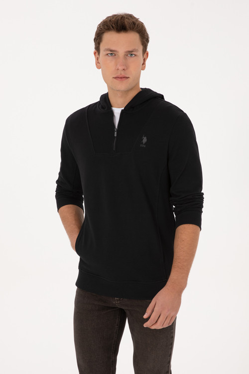 Erkek Regular Fit Yarım Fermuarlı Kapüşonlu Siyah Sweatshirt 50316391-VR046