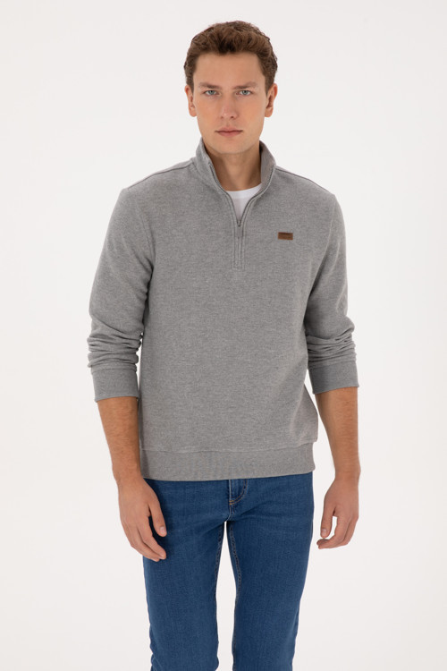 Erkek Regular Fit Yarım Fermuarlı Şardonlu Polo Yaka Gri Melanj Basic Sweatshirt 50313802-VR086