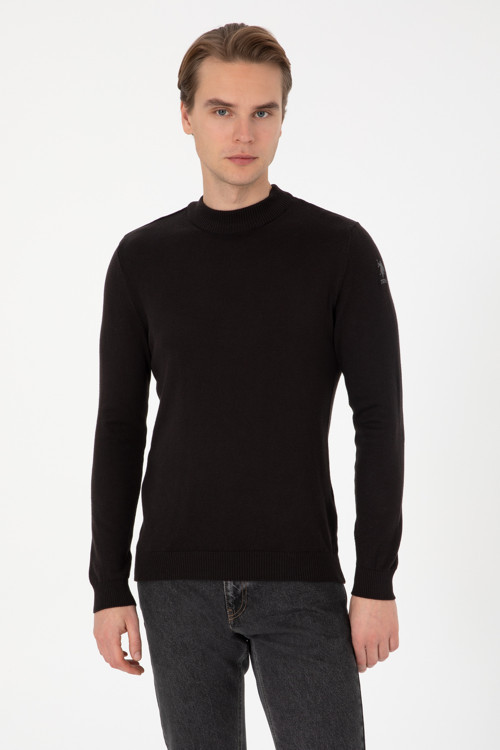 Erkek Slim Fit Polo Yaka Siyah Basic Kazak 50307823-VR046