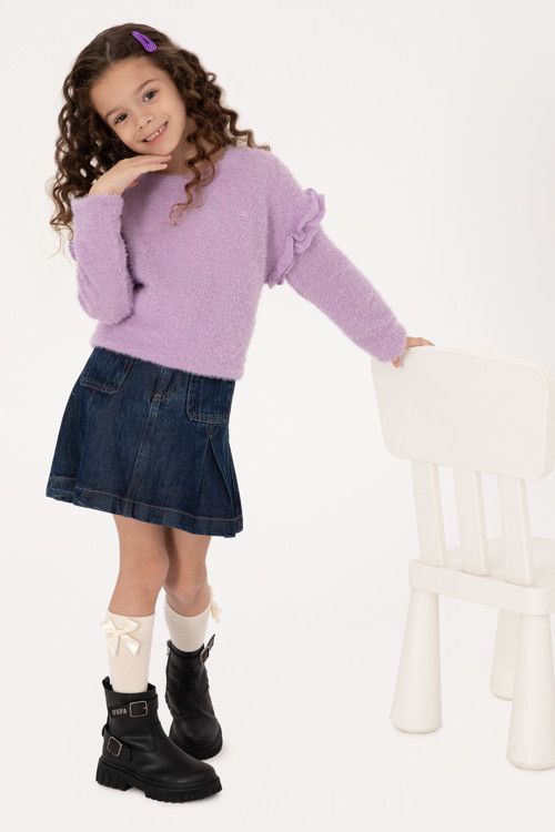 Kız Çocuk Lila Kolları Fırfırlı Bisiklet Yaka Sweatshirt 50317904-VR034