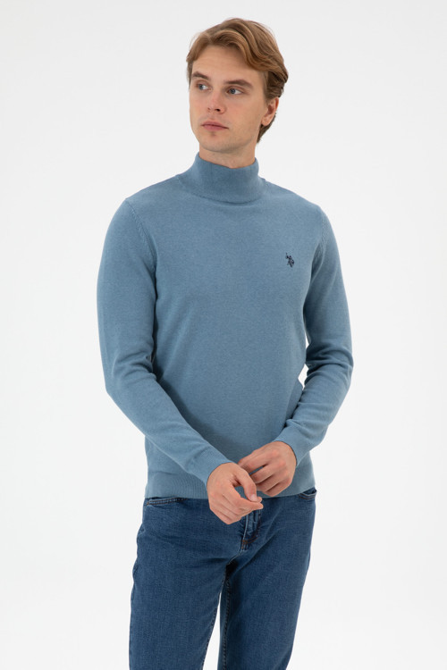 Erkek Slim Fit Boğazlı Mavi Basic Kazak 50313712-VR251