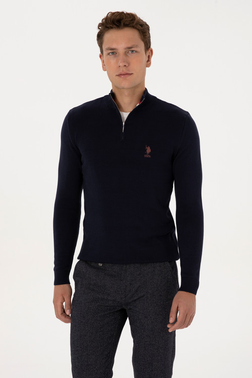 Erkek Slim Fit Yarım Fermuarlı Lacivert Kazak 50315823-VR033