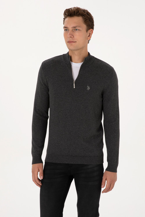 Erkek Slim Fit Yarım Fermuarlı Antrasit Melanj Basic Kazak 50313695-VR081