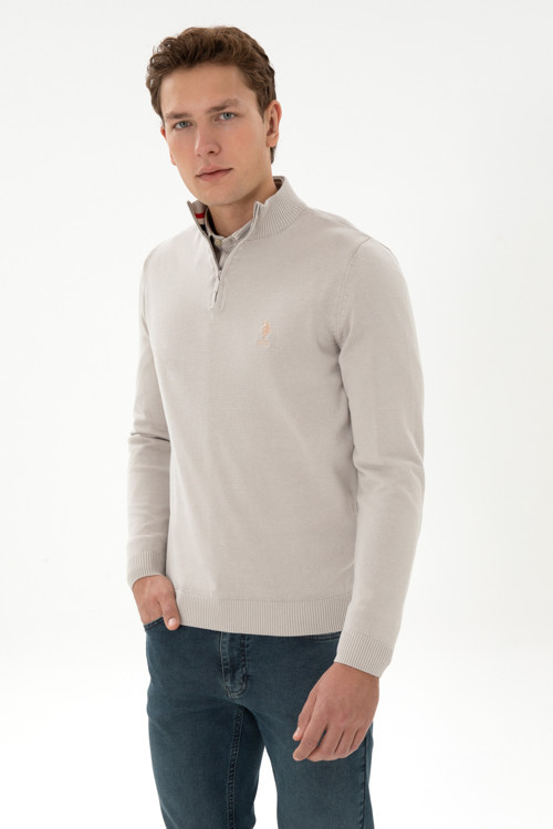 Erkek Slim Fit Yarım Fermuarlı Taş Kazak 50315823-VR049