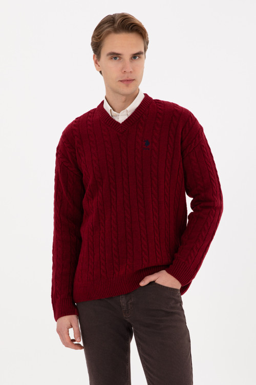 Erkek Bordo Comfort Fit V Yaka Kazak 50315038-VR014