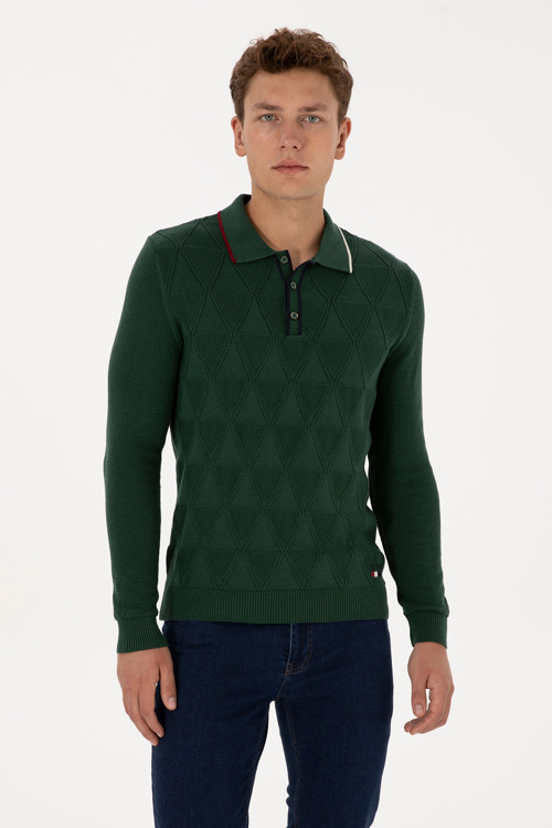 Erkek Regular Fit Polo Yaka Koyu Yeşil Kazak 50308307-VR079