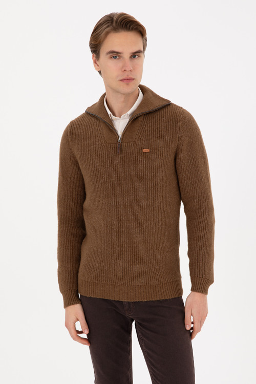 Erkek Regular Fit Yarım Fermuarlı Haki Kazak 50317171-VR027