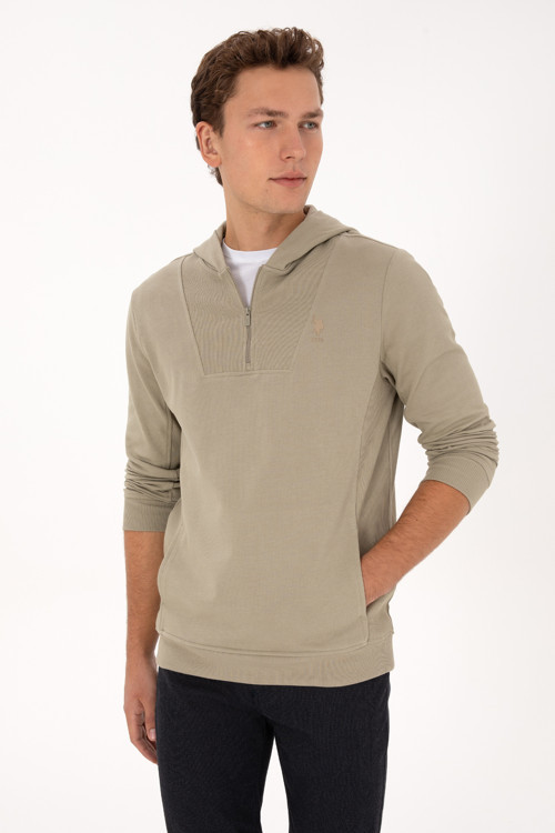 Erkek Regular Fit Yarım Fermuarlı Kapüşonlu Açık Haki Sweatshirt 50316391-VR183