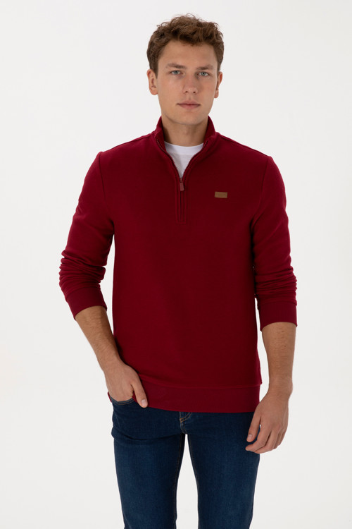 Erkek Regular Fit Yarım Fermuarlı Şardonlu Polo Yaka Bordo Basic Sweatshirt 50313802-VR014