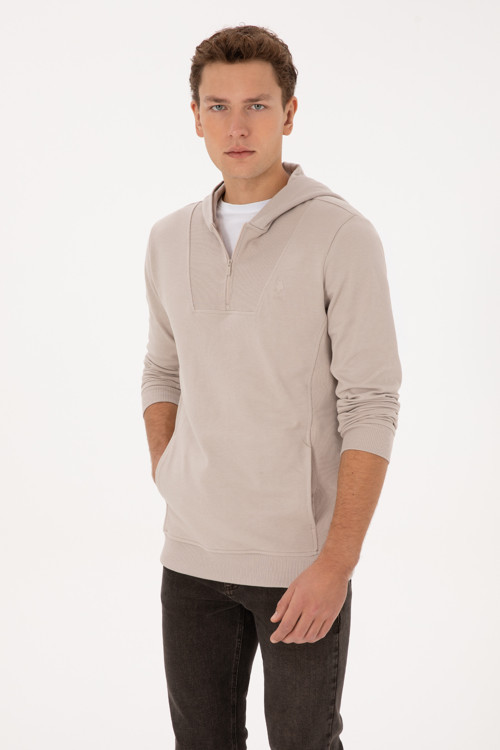 Erkek Regular Fit Yarım Fermuarlı Kapüşonlu Taş Sweatshirt 50316391-VR049