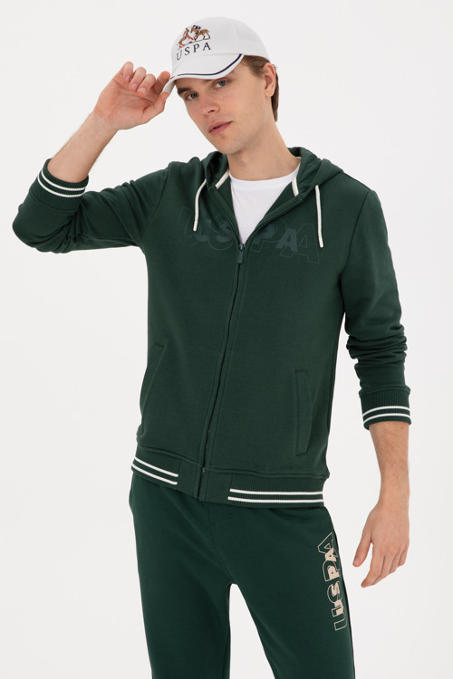 Erkek Regular Fit Fermuarlı Kapüşonlu Koyu Yeşil Örme Hırka 50316355-VR079