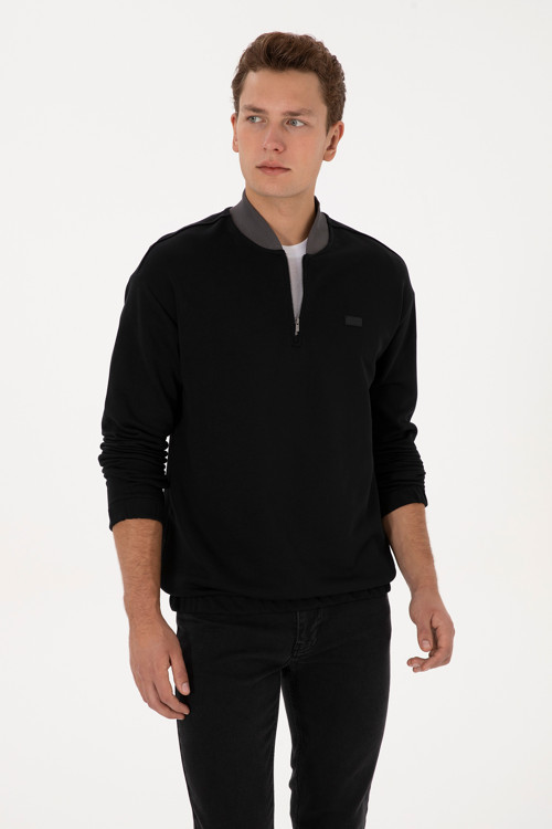 Erkek Comfort Fit Yarım Fermuarlı Siyah Sweatshirt 50309019-VR046