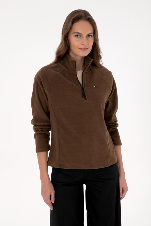 Kadın Kahverengi Fermuarlı Dik Yaka Polar Sweatshirt 50316714-VR029