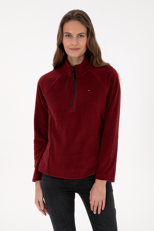 Kadın Bordo Fermuarlı Dik Yaka Polar Sweatshirt 50316714-VR014
