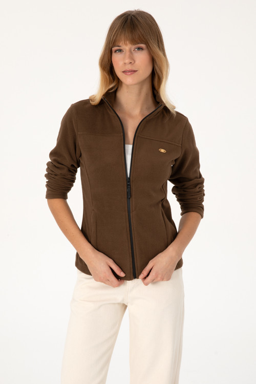 Kadın Kahverengi Fermuarlı Dik Yaka Polar Sweatshirt 50316729-VR029