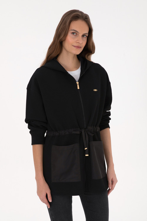 Kadın Siyah Fermuarlı Kapüşonlu Sweatshirt 50318098-VR046