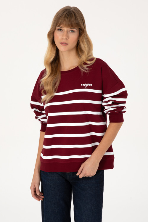 Kadın Bordo Çizgili Bisiklet Yaka Sweatshirt 50313572-VR014