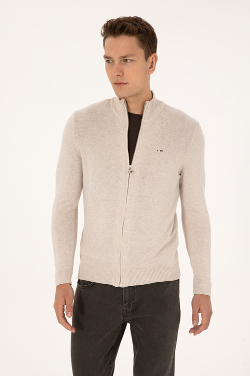 Erkek Slim Fit Taş Melanj Basic Triko Hırka 50313688-VR225