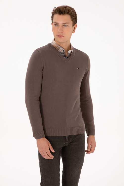 Erkek Slim Fit V Yaka Vizon Basic Kazak 50313668-VR052