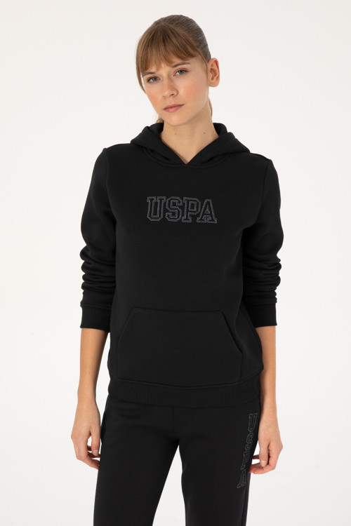 Kadın Siyah Şardonlu Kapüşonlu Basic Sweatshirt 50313566-VR046