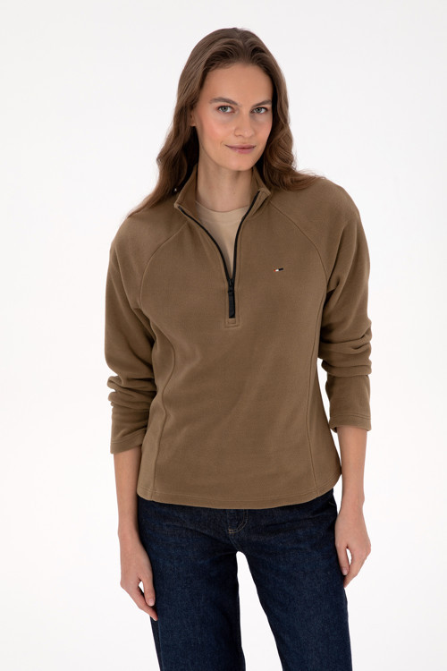 Kadın Haki Fermuarlı Dik Yaka Polar Sweatshirt 50316714-VR027