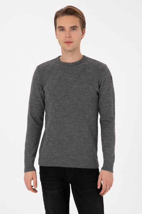 Erkek Regular Fit Bisiklet Yaka Gri Melanj Kazak 50314974-VR086