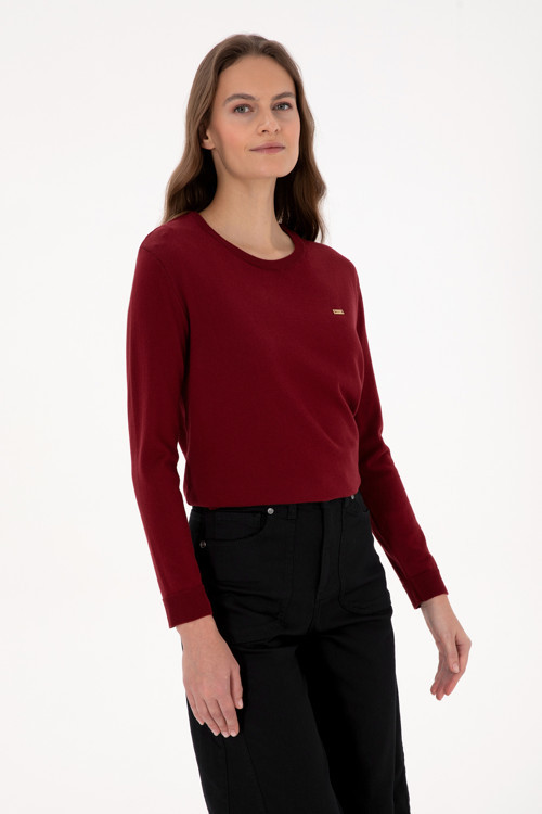 Kadın Bordo Bisiklet Yaka Basic Kazak 50313579-VR014