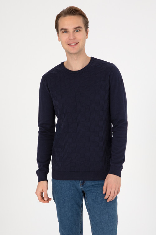 Erkek Slim Fit Bisiklet Yaka Lacivert Basic Kazak 50307928-VR033