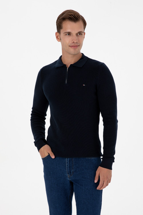 Erkek Regular Fit Yarım Fermuarlı Lacivert Basic Kazak 50313685-VR033